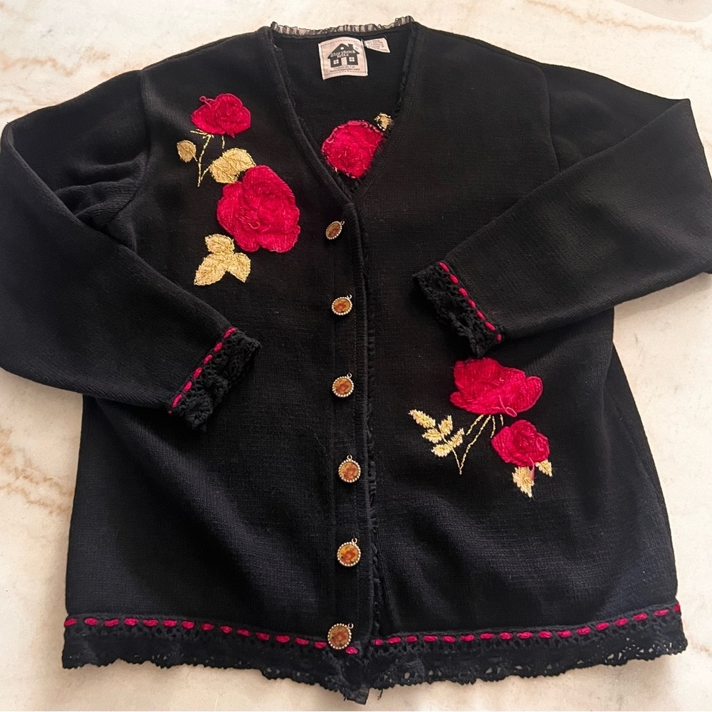 Vintage Storybook Knits Black Red Victorian Rose Button Front Cardigan Size L